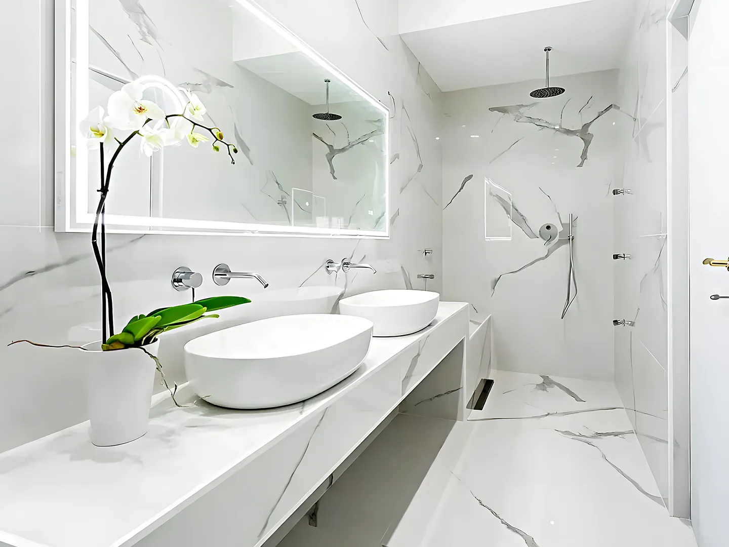 Baño reformado en Tarragona con doble lavabo, encimera de mármol y porcelánico de gran formato